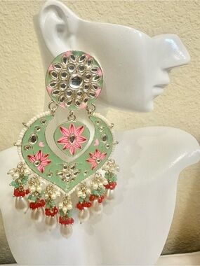 4.25” Gold Plated Mint Green & Pink Floral Kundan Chandelier Earrings